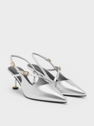 Metallic Buckled Sculptural-Heel Slingback Pumps, Silver, hi-res