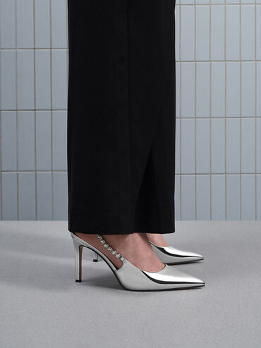 Flores Metallic Gem-Strap Slingback Pumps, Silver, hi-res