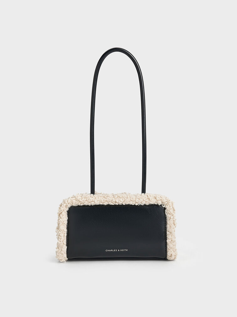Fur-Trim Elongated-Handle Shoulder Bag, Chalk, hi-res