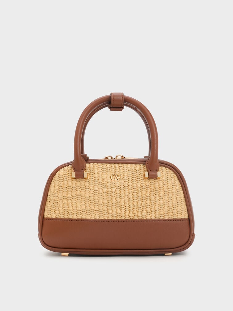Leather & Raffia Bowling Bag, Neutral Raffia, hi-res