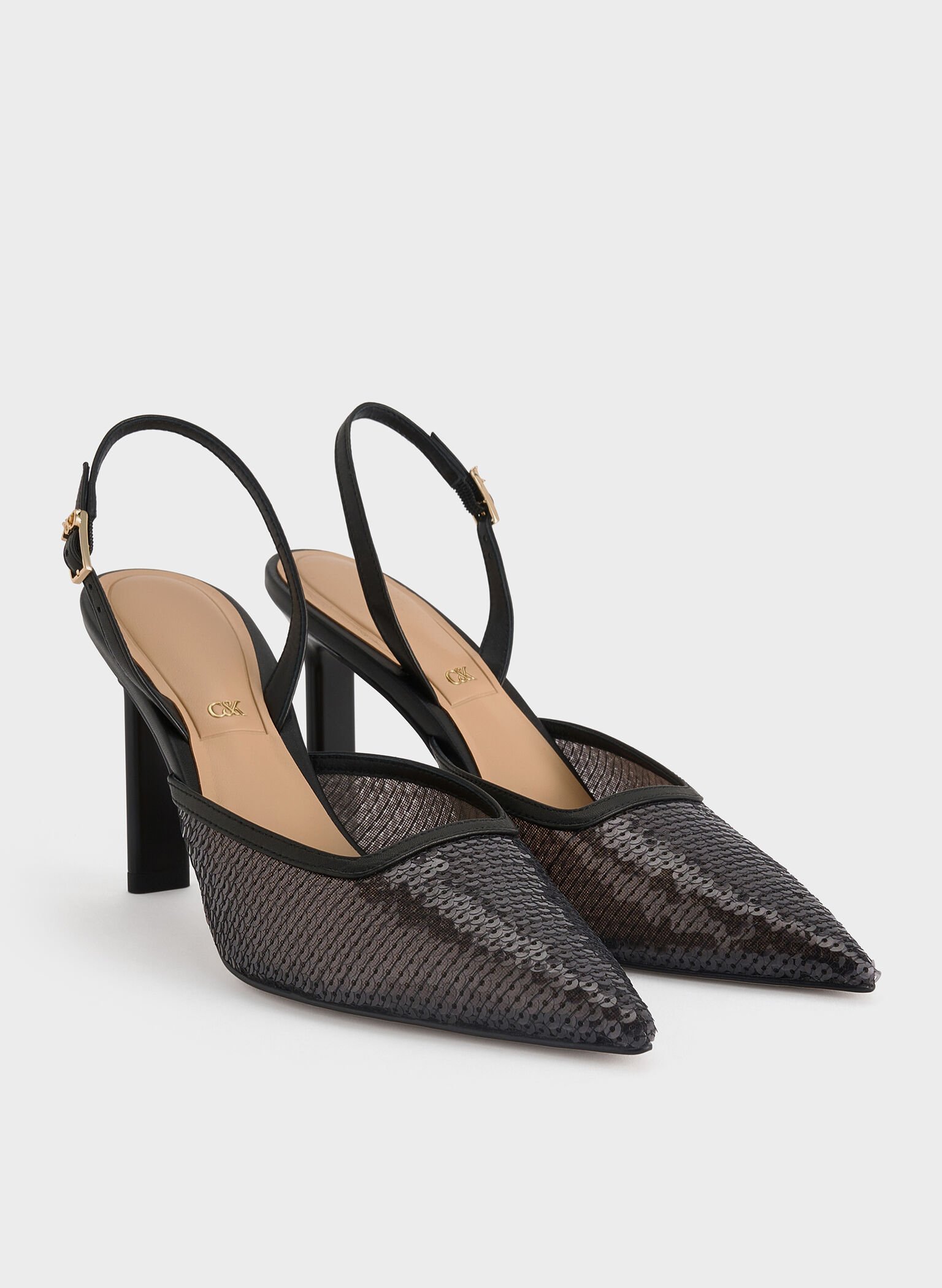Sequin Mesh & Leather Pointed-Toe Slingback Pumps, Black Textured, hi-res