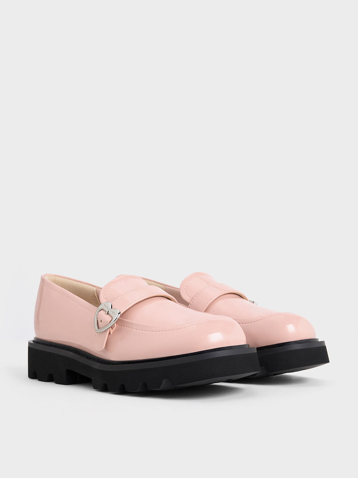 Girls Patent Heart Buckle Loafers Pink