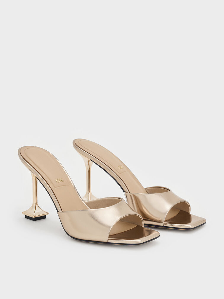 Jacqueline Metallic Leather Sculptural-Heel Mules, Champagne, hi-res