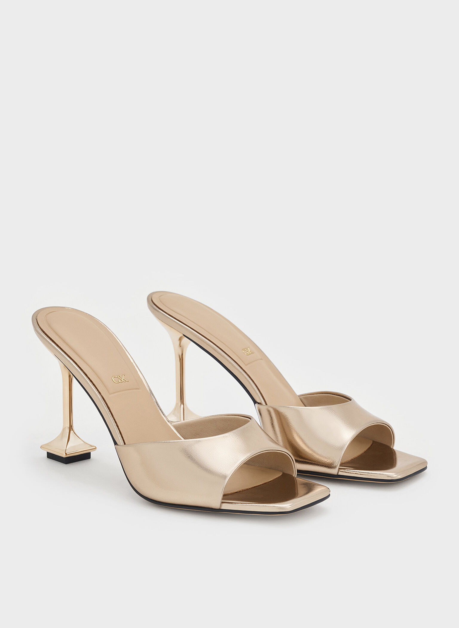 Jacqueline Metallic Leather Sculptural-Heel Mules, Champagne, hi-res