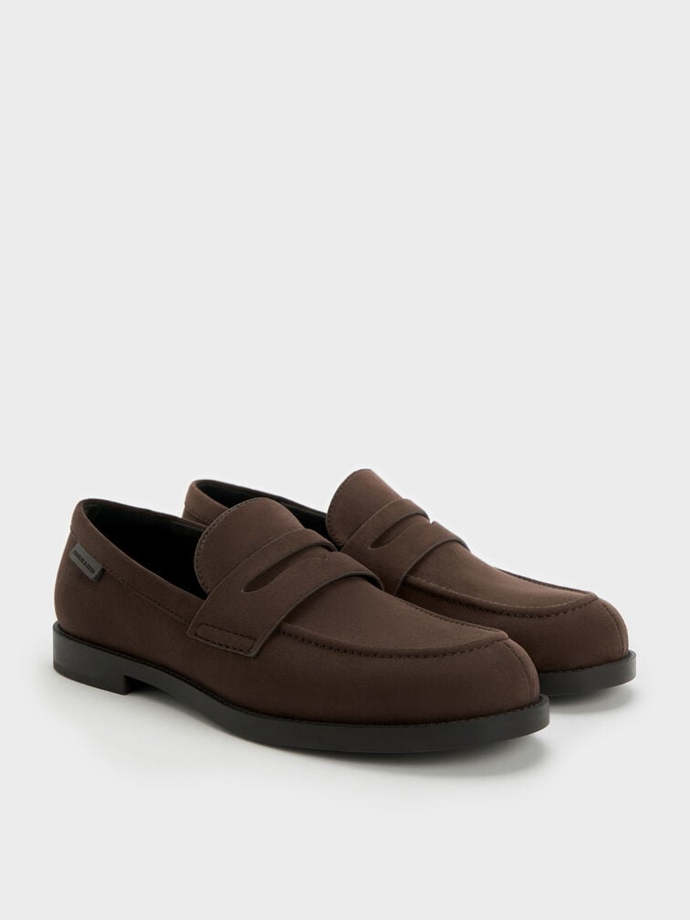 Arven Faux Suede Penny Loafers, Dark Brown Textured, hi-res