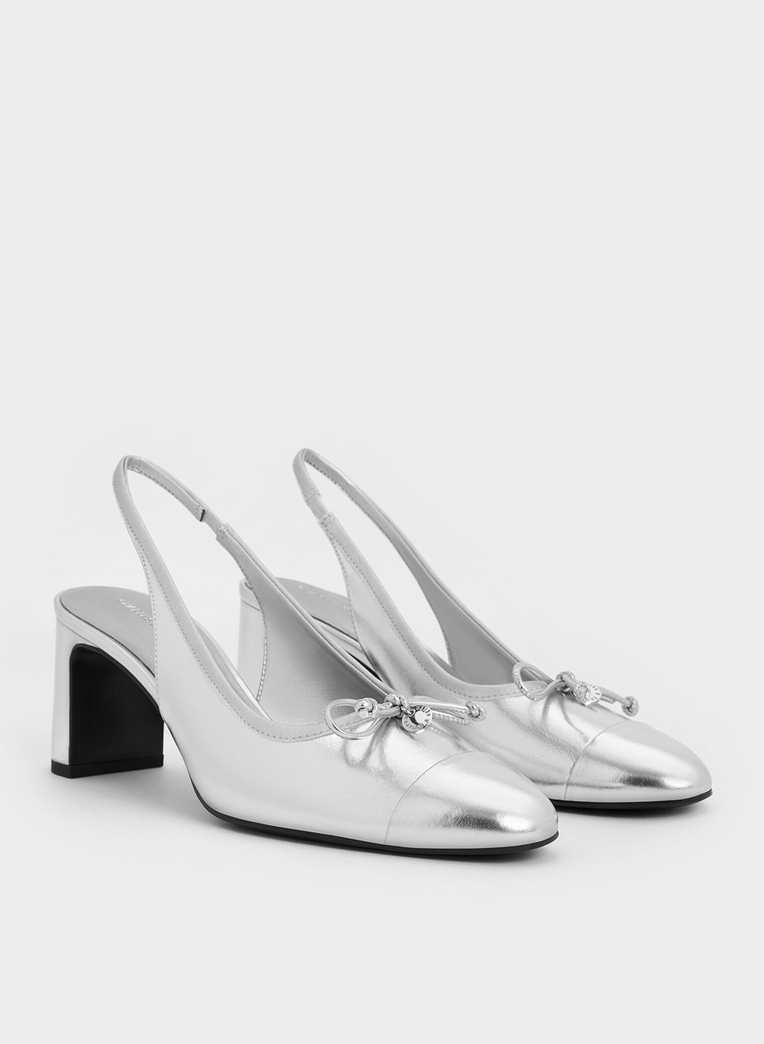 Metallic Bow Cap-Toe Slingback Pumps, Silver, hi-res