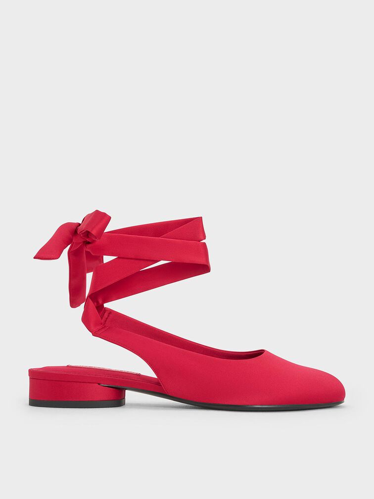 Satin Tie-Around Ballet Flats, Red, hi-res