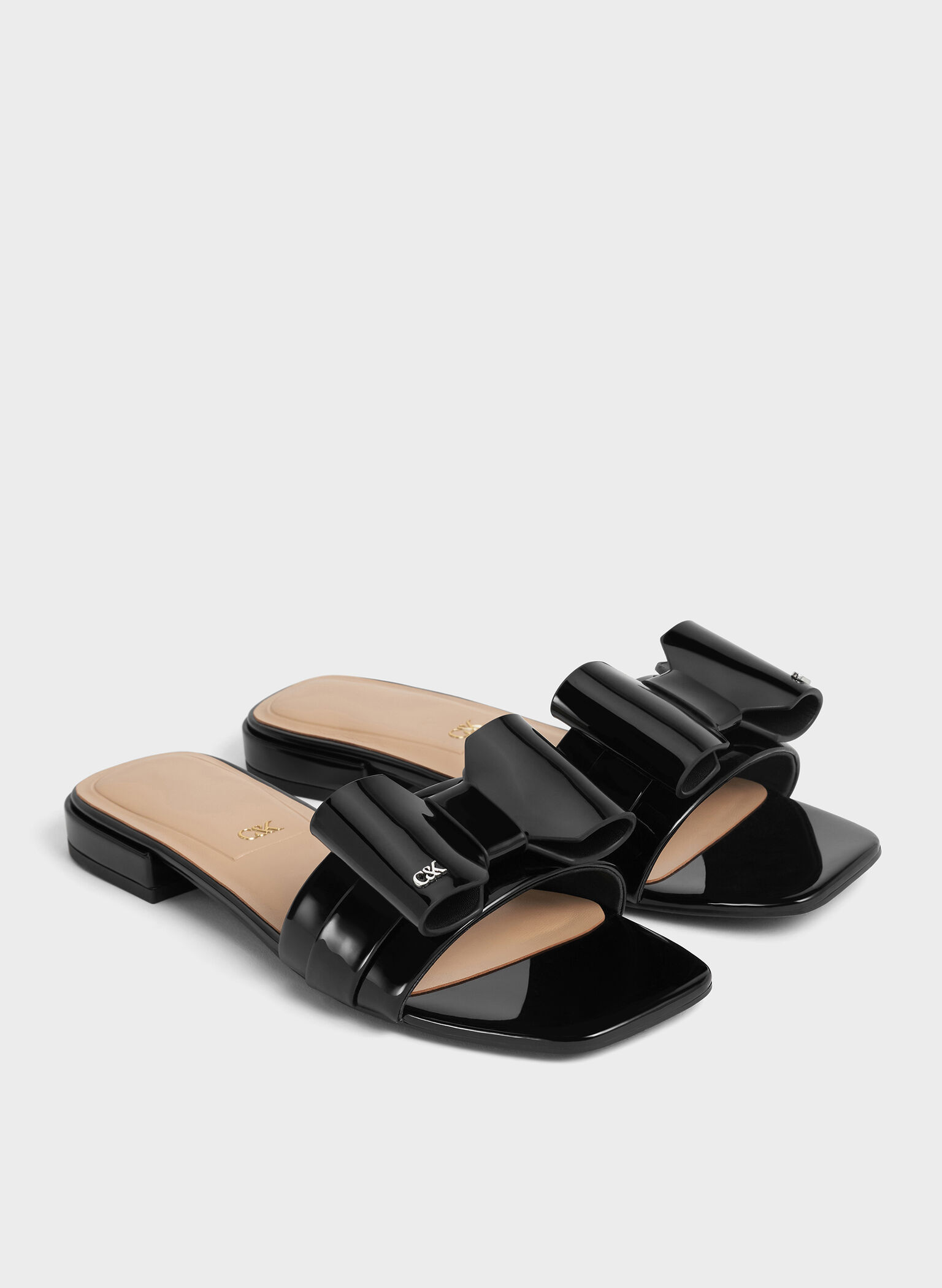 Lu Patent Leather Bow Slide Sandals, Black Patent, hi-res