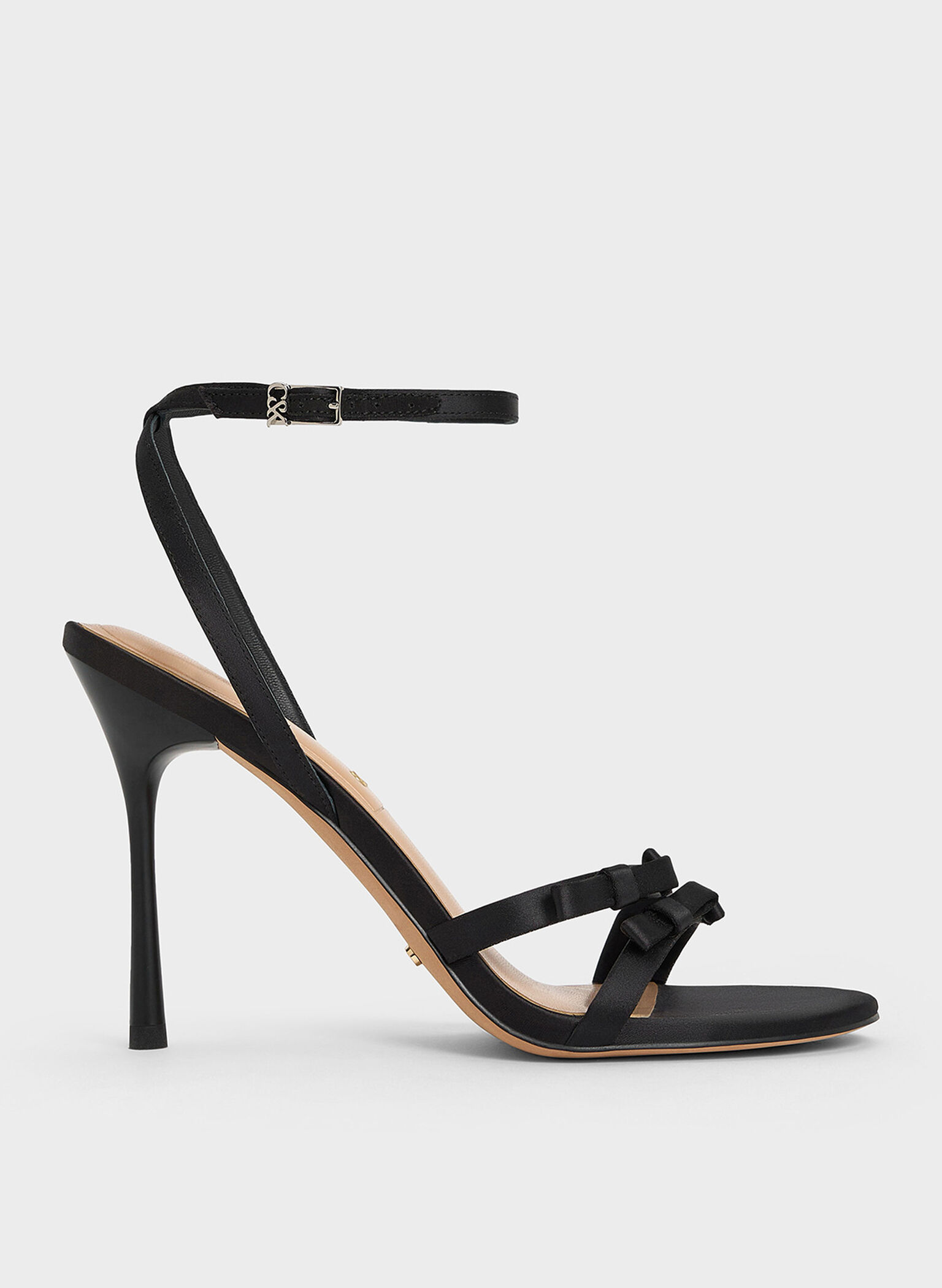 Jessy Recycled Polyester Bow Ankle-Strap Stiletto-Heel Sandals, Black Textured, hi-res
