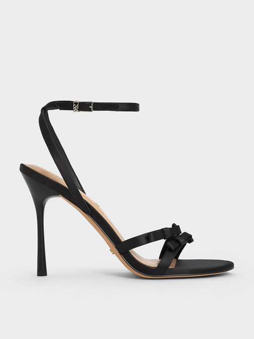 Jessy Recycled Polyester Bow Ankle-Strap Stiletto-Heel Sandals, Black Textured, hi-res