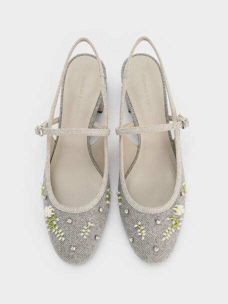 Twill Bead-Flower Block-Heel Slingback Mary Jane Pumps, Grey, hi-res