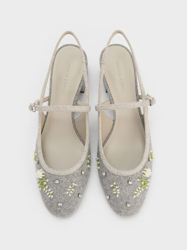 Twill Bead-Flower Block-Heel Slingback Mary Jane Pumps, Grey, hi-res