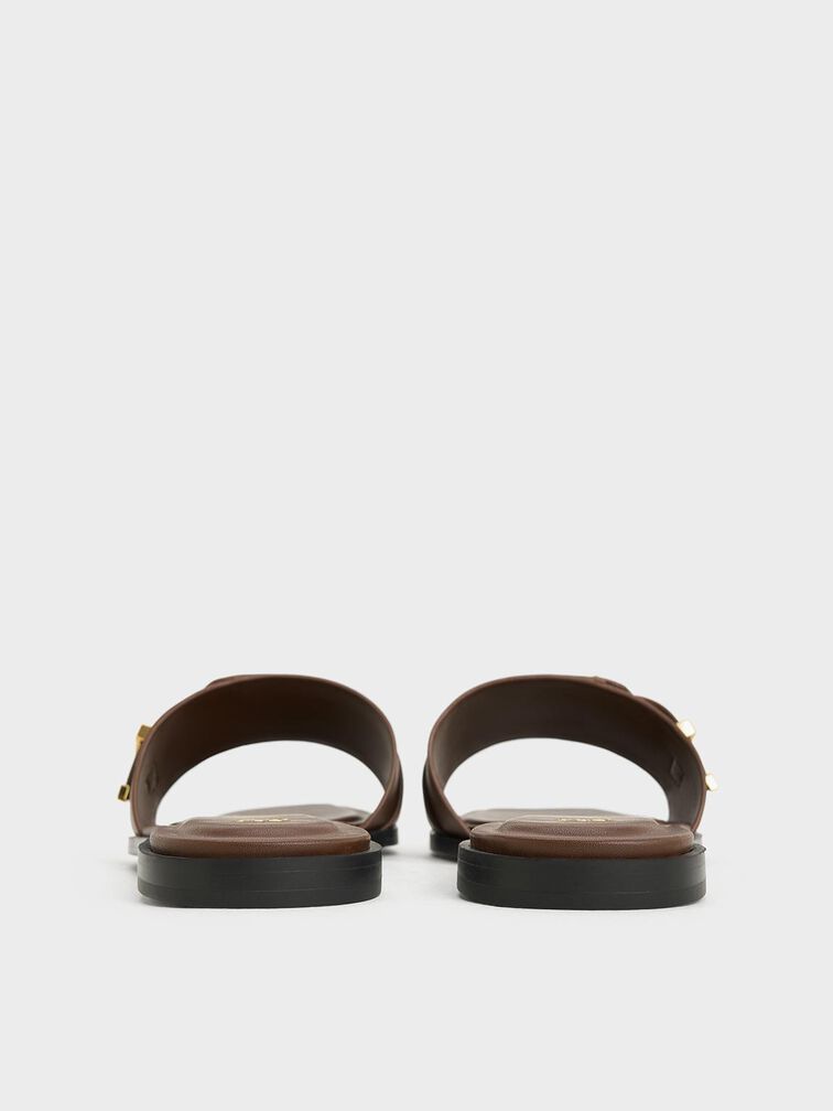 Whitney Leather Buckled Square-Toe Slide Sandals, Dark Brown, hi-res