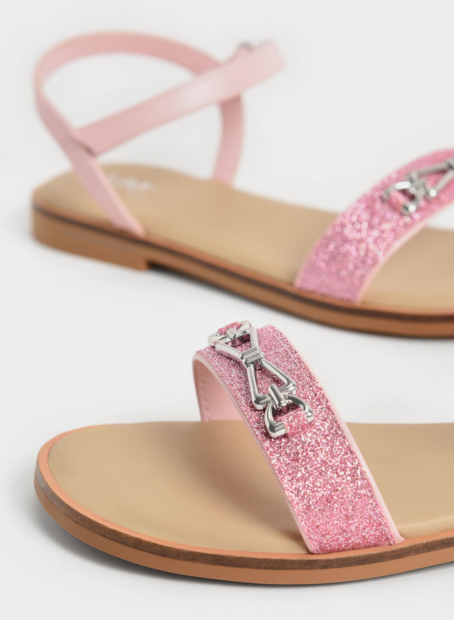 Girls' Metallic Accent Glittered Sandals, Pink, hi-res