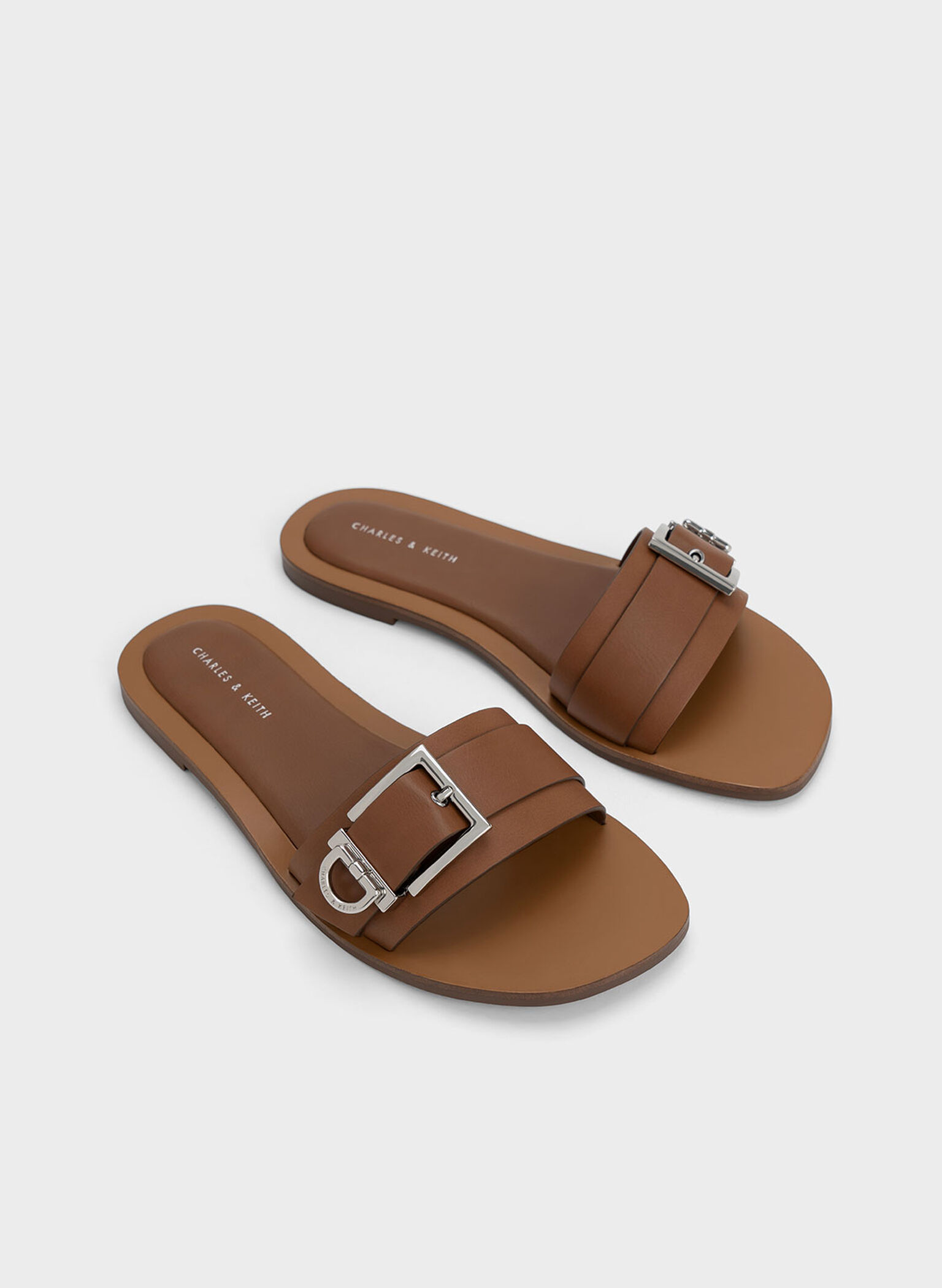 Metallic Buckle Slides, Brown, hi-res