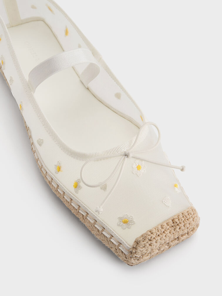 Mesh Floral-Embroidered Bow Tie-Around Espadrille Ballet Flats, White, hi-res