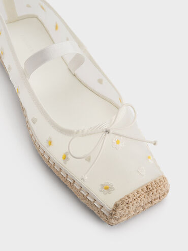 Mesh Floral-Embroidered Bow Tie-Around Espadrille Ballet Flats, White, hi-res