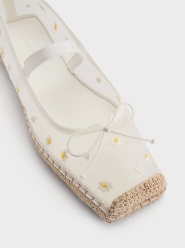 Mesh Floral-Embroidered Bow Tie-Around Espadrille Ballet Flats, White, hi-res
