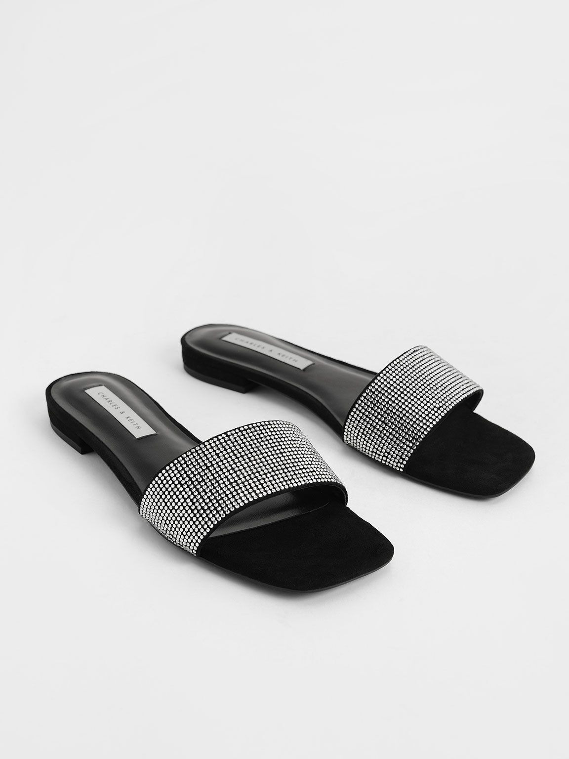 Gem Embellished Slide Sandals, Black, hi-res