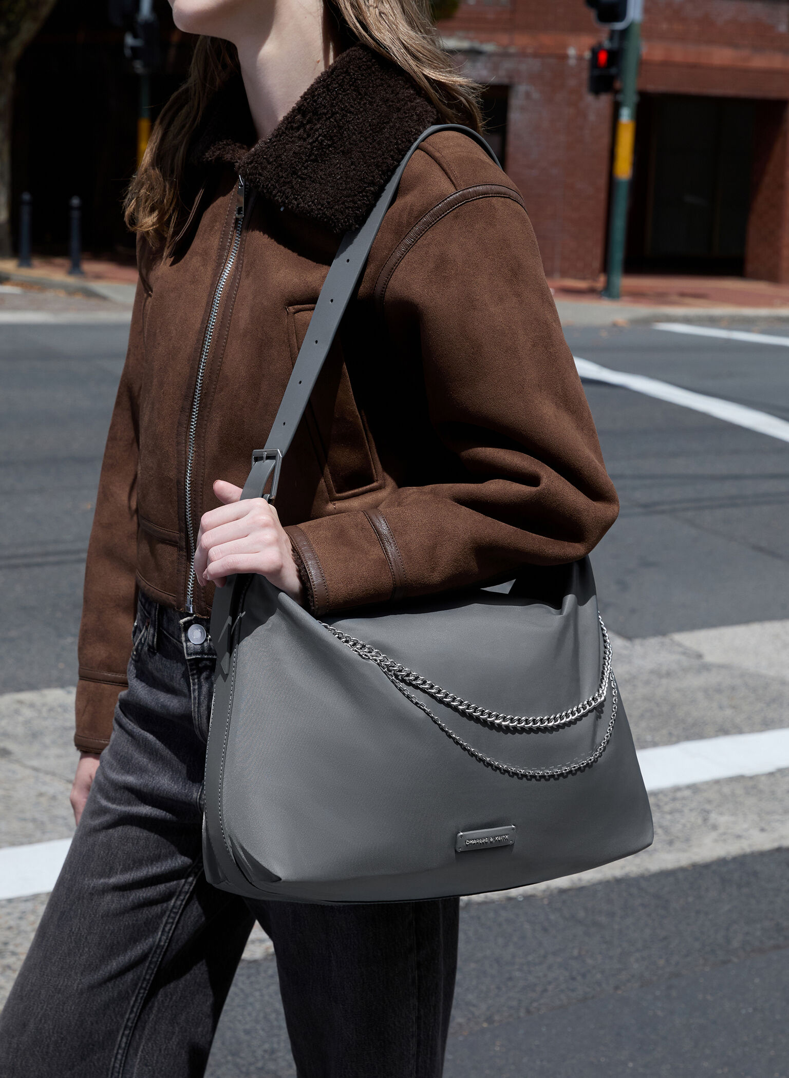 Nylon Chain-Link Slouchy Shoulder Bag, Grey, hi-res