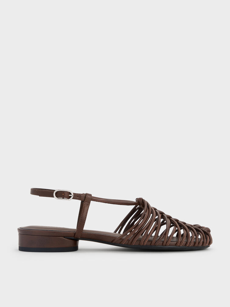 Woven Slingback Caged Sandals, Brown, hi-res