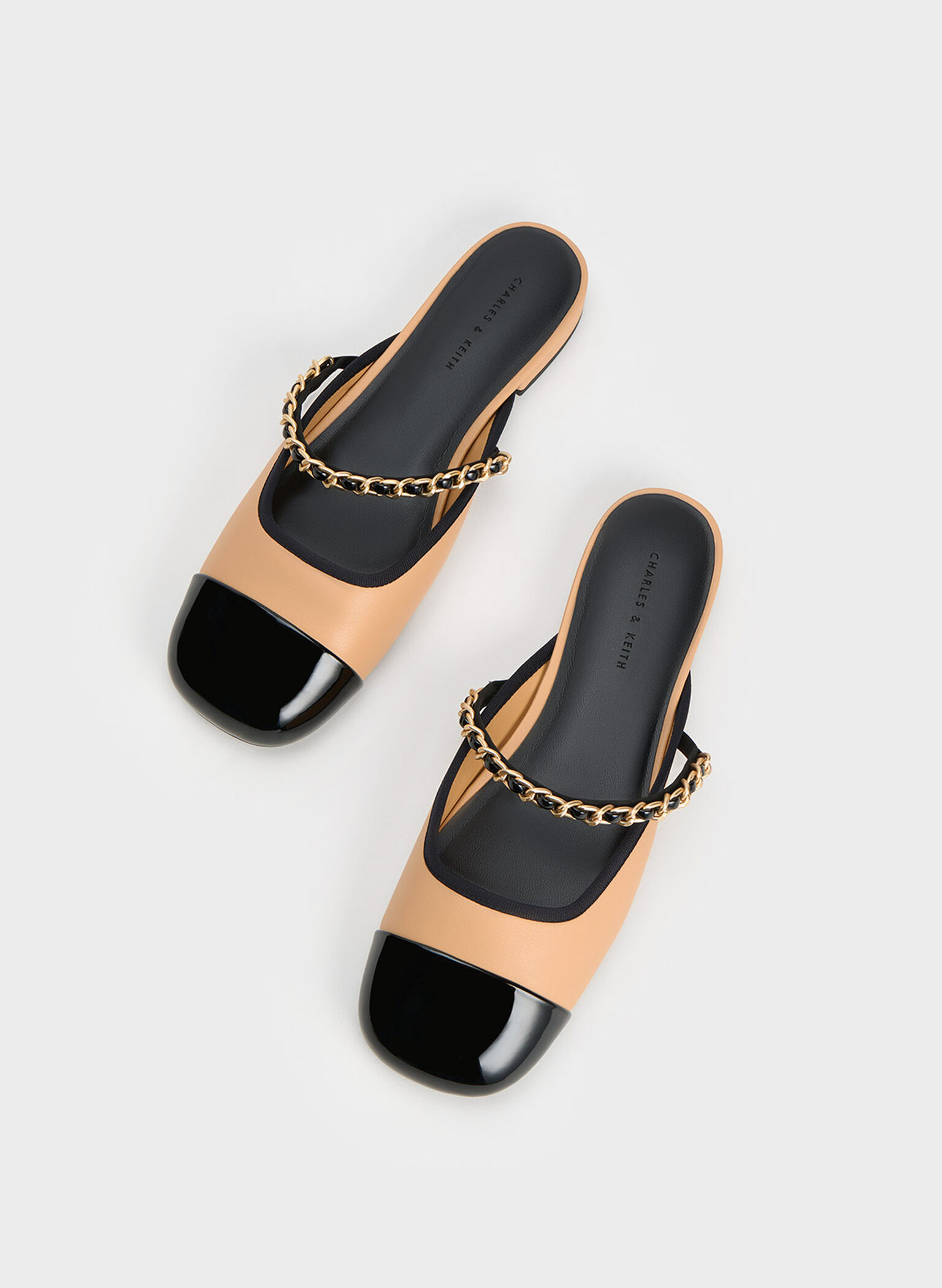 Patent Two-Tone Chain-Strap Mules, Beige, hi-res