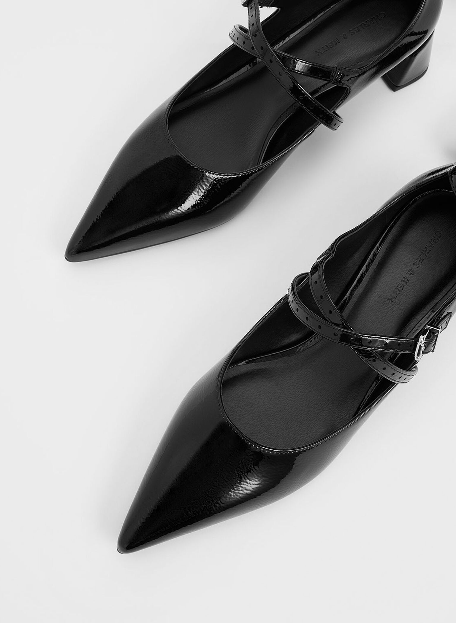 Crinkle-Effect Strappy Buckled Pumps, Black Patent, hi-res