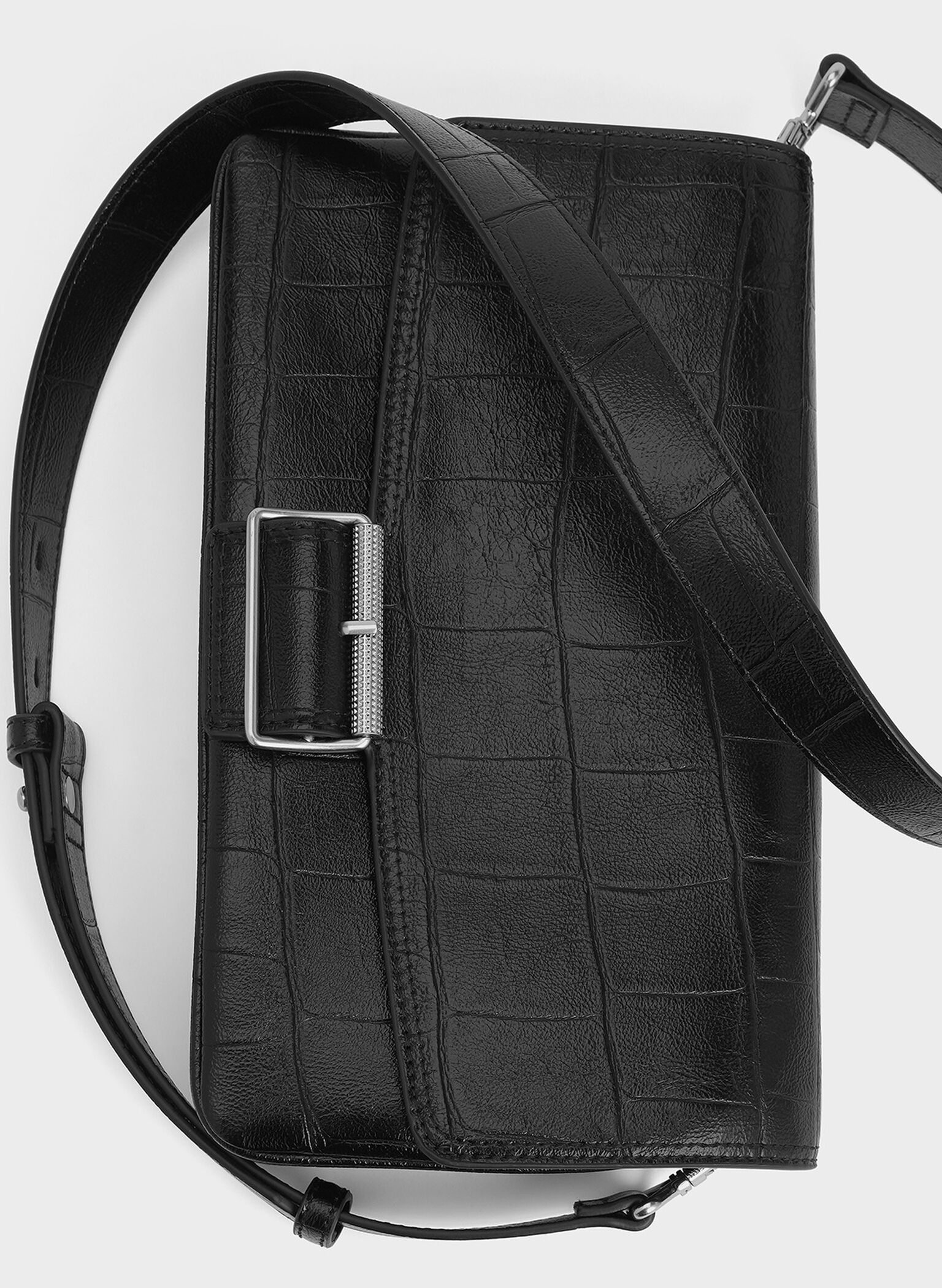 Liv Croc-Effect Grommet Chain-Handle Shoulder Bag, Noir, hi-res