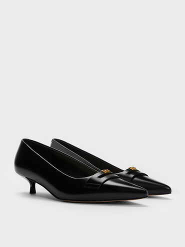 Georgina Leather Pointed-Toe Kitten-Heel Pumps, Black, hi-res