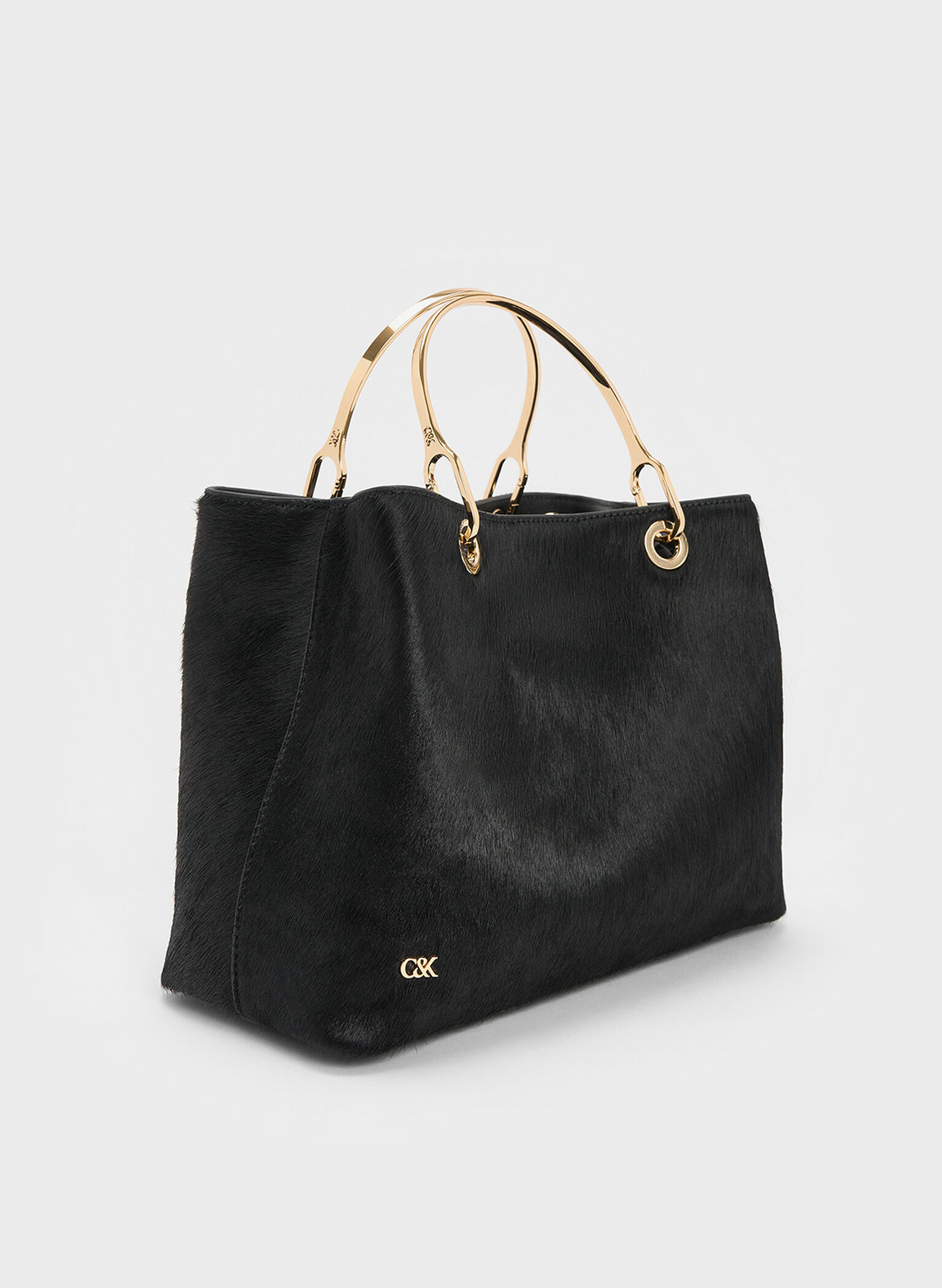 Pony Hair & Leather Ring-Handle Bag, Black, hi-res