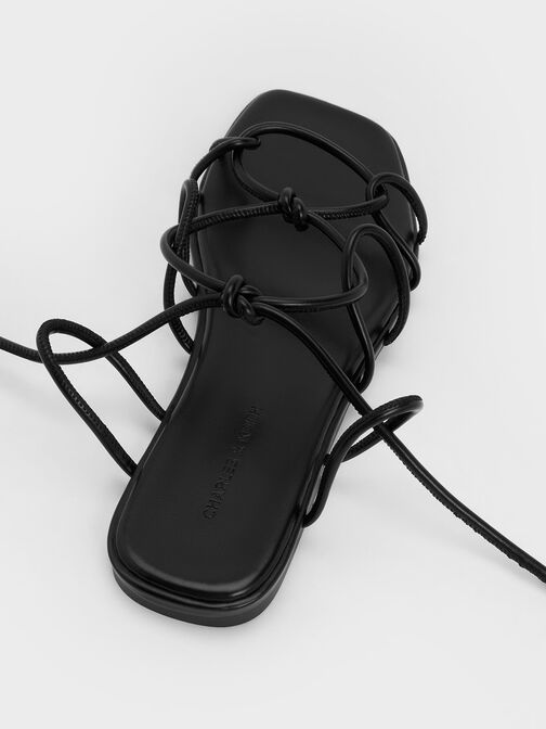 Strappy Knotted Tie-Around Sandals, Black, hi-res