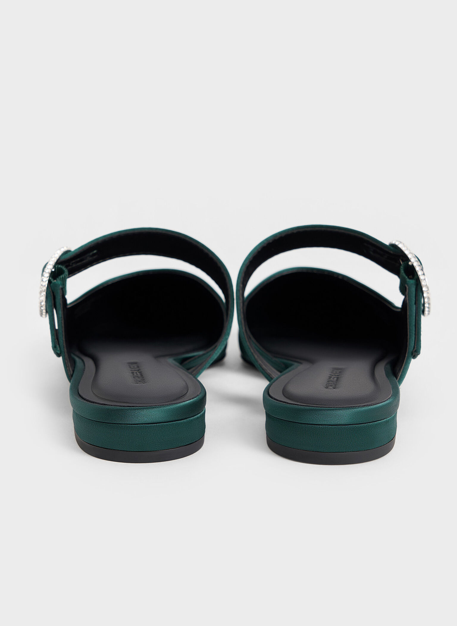 Recycled Polyester Crystal-Buckle Pointed-Toe Mules, Dark Green, hi-res
