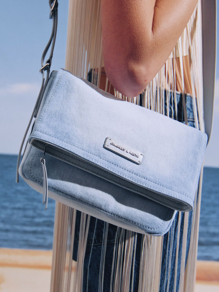 Ivette Denim Front Flap Crossbody Bag, Light Washed Denim, hi-res