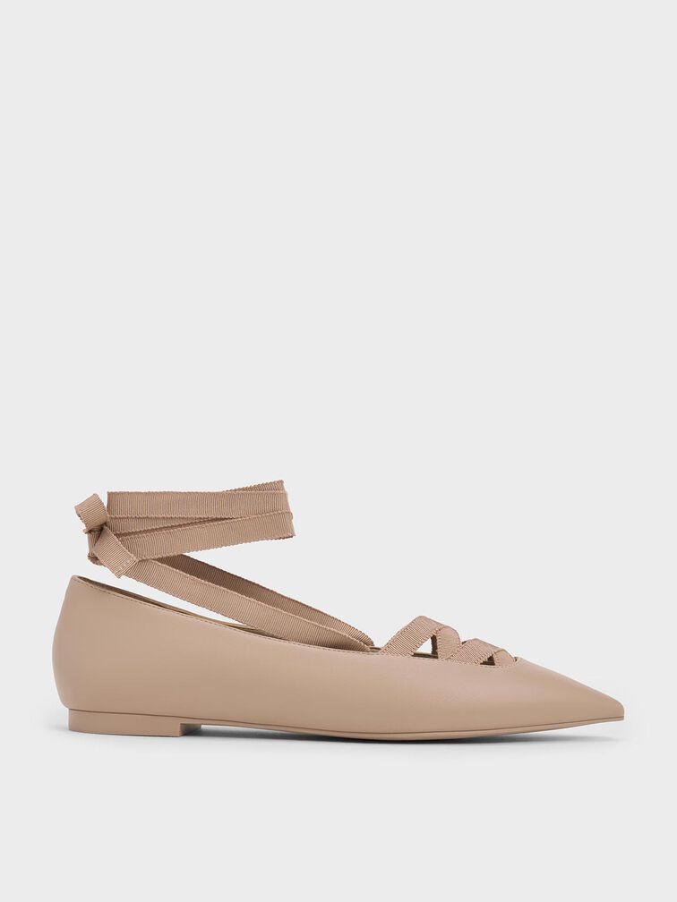 Pointed-Toe Tie-Around Ballet Flats, Nude, hi-res