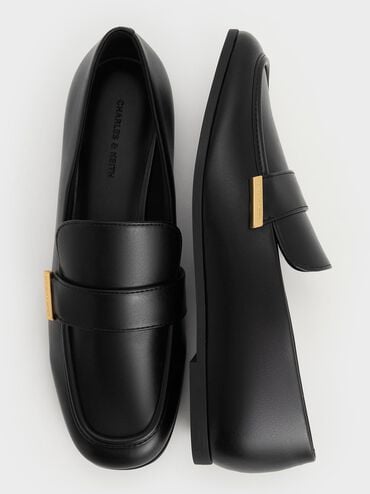 Almond-Toe Flat Loafers, Black, hi-res