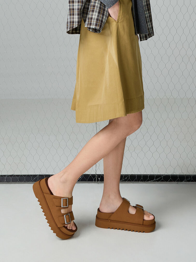 Buckled Double-Strap Flatform Sandals, Brown, hi-res