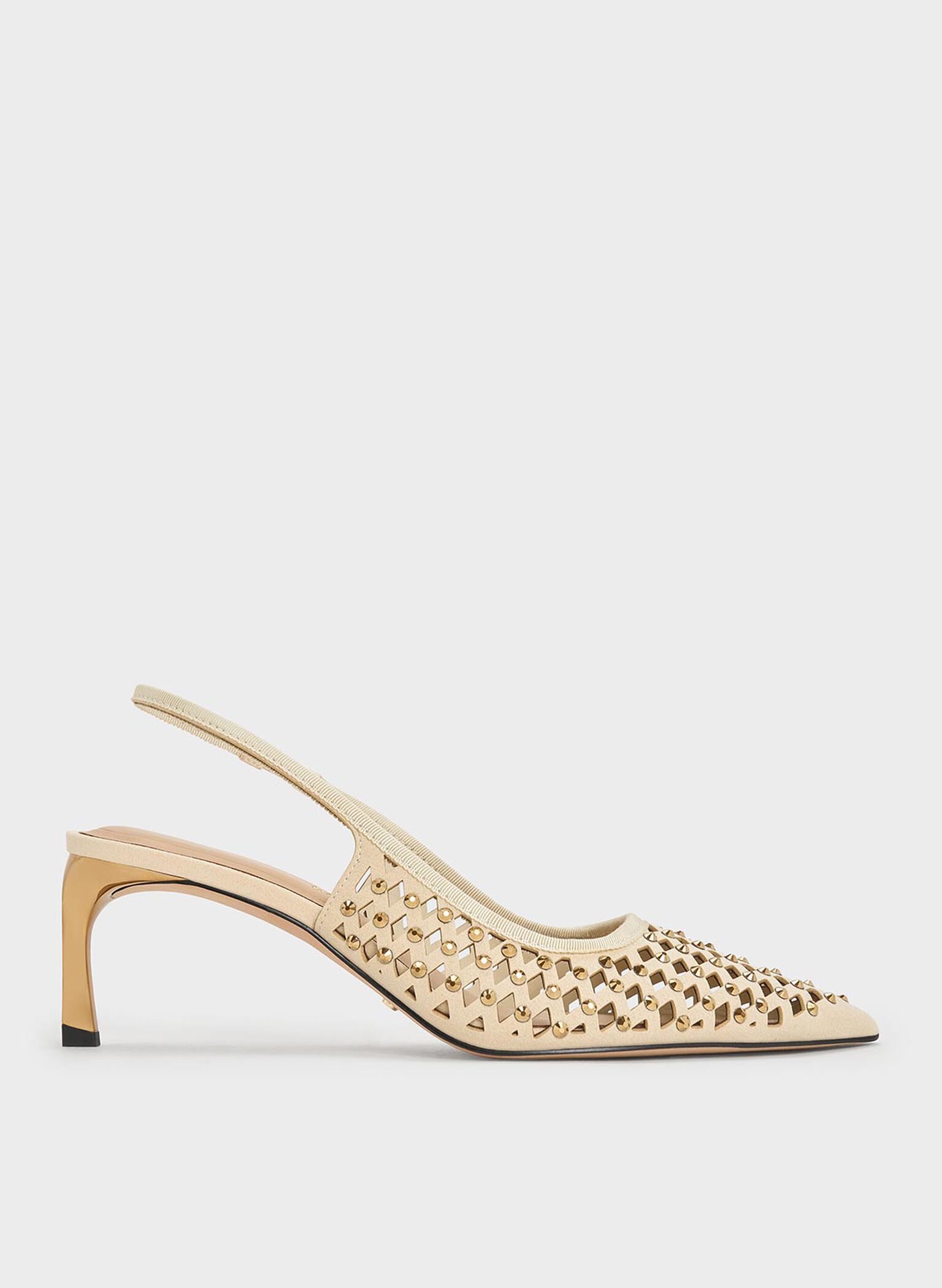 Studded Cut-Out Kitten-Heel Slingback Pumps, Cream, hi-res