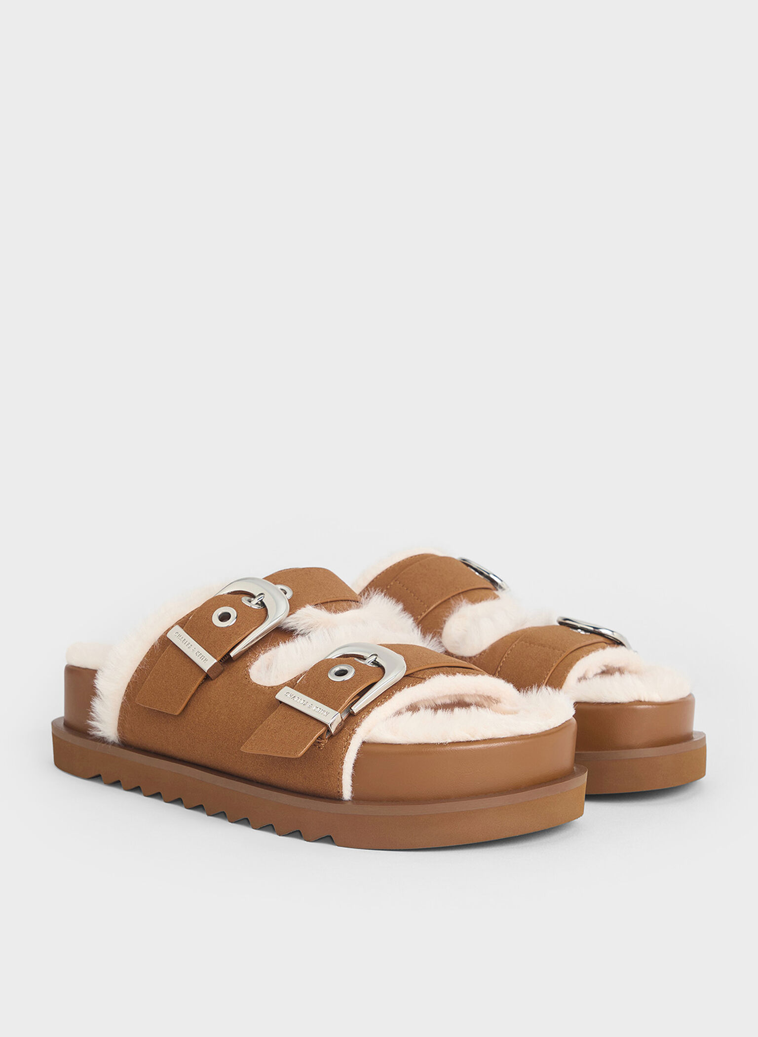 Hannah Furry Buckled Double-Strap Sandals, Brown, hi-res