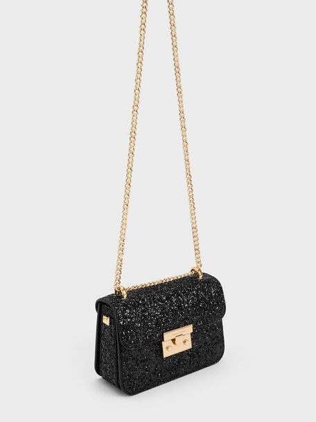 Glittered Push-Lock Chain-Handle Bag, Black, hi-res