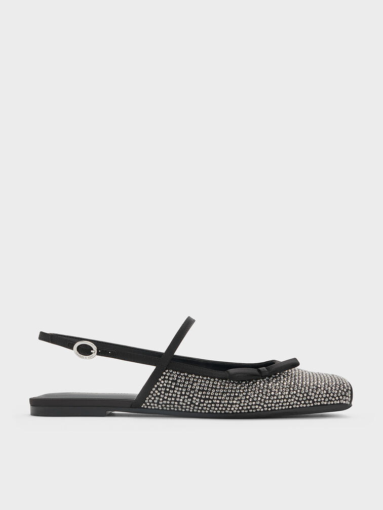 Crystal-Embellished Bow Slingback Mary Jane Flats, Black Textured, hi-res