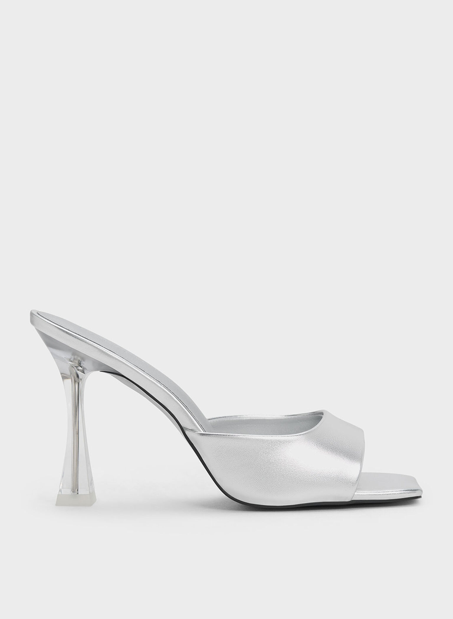 Clear Flared Heel Metallic Mules, Silver, hi-res