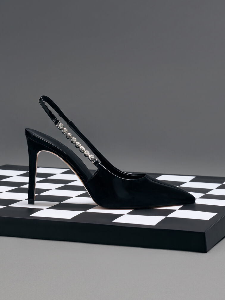 Flores Patent Gem-Strap Slingback Pumps, Black Patent, hi-res