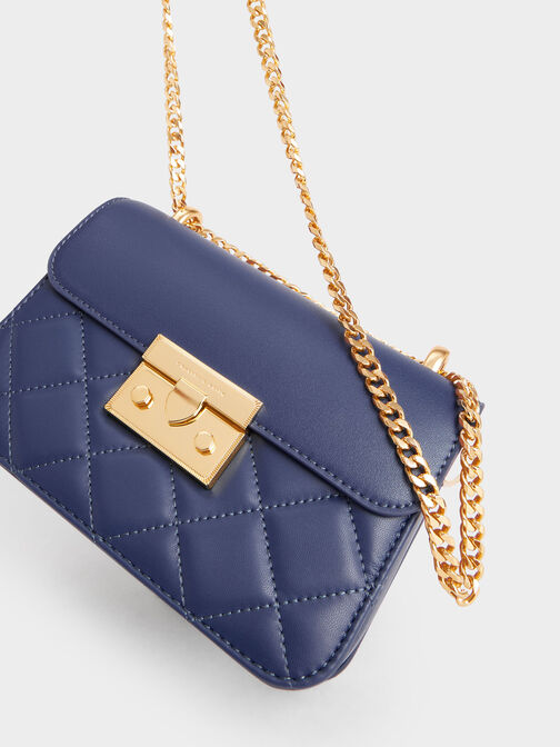 Metallic Push-Lock Chain Bag, Navy, hi-res