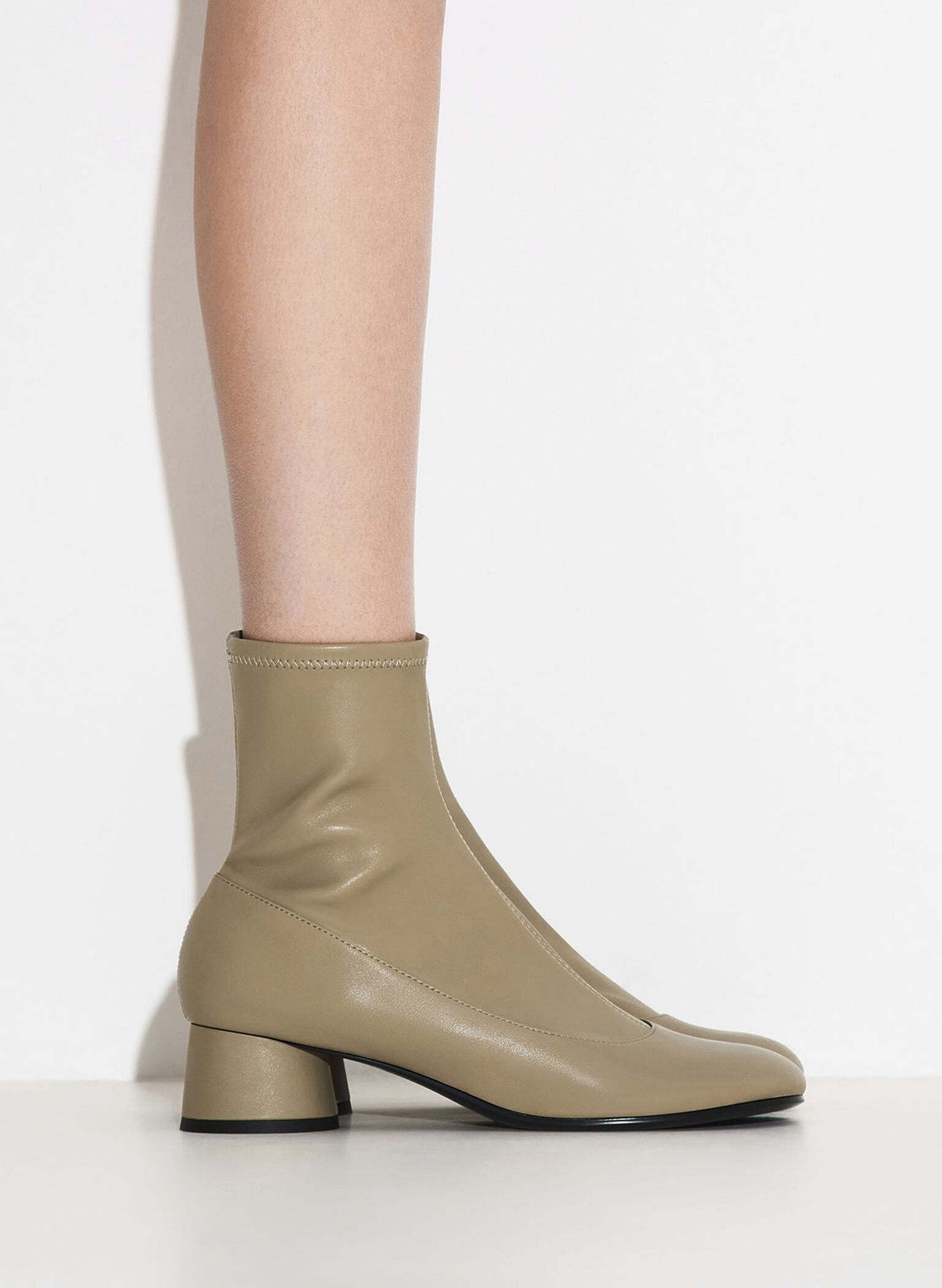 Stitch-Trim Cylindrical Heel Ankle Boots, Olive, hi-res
