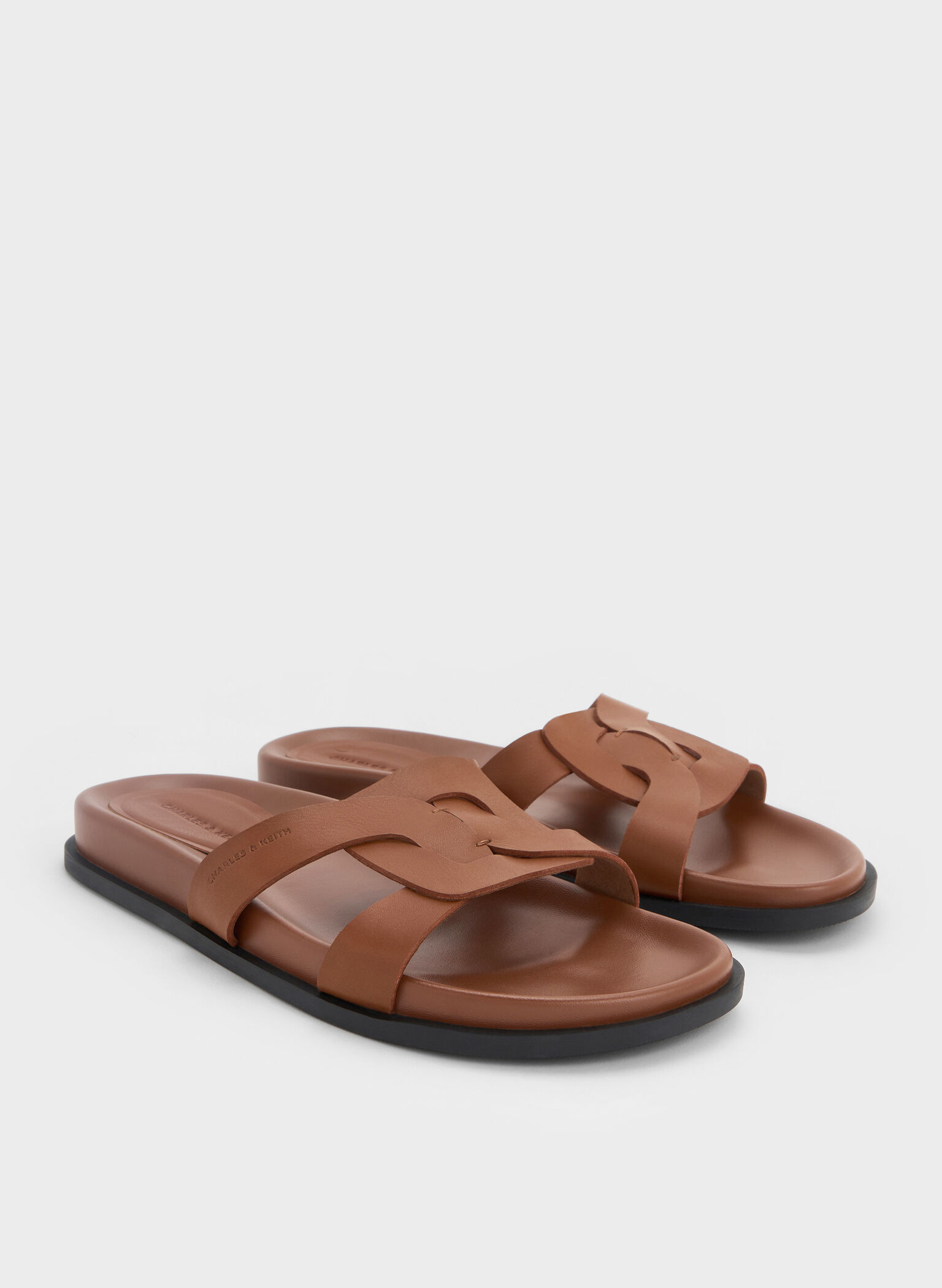 Interwoven Cut-Out Slide Sandals, Brown, hi-res