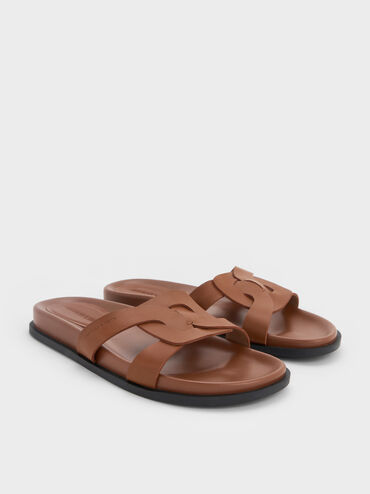 Interwoven Cut-Out Slide Sandals, Brown, hi-res