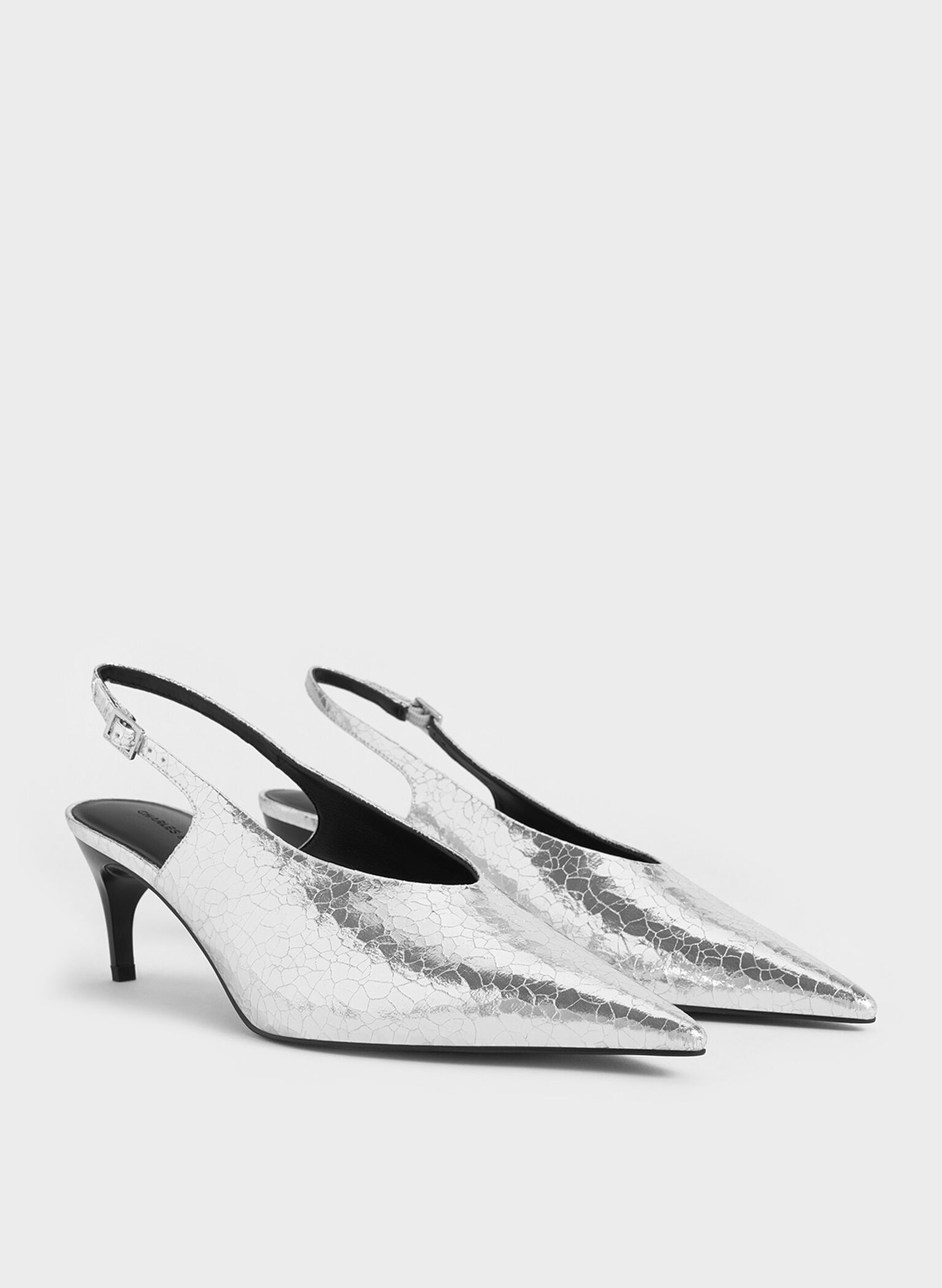 Metallic Crinkle-Effect Pointed-Toe High-Vamp Slingback Pumps, Silver, hi-res