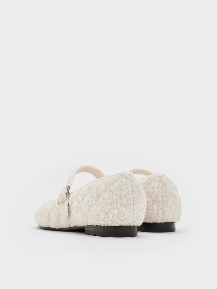 Carmel Tweed Quilted Buckled Mary Jane Flats, White, hi-res