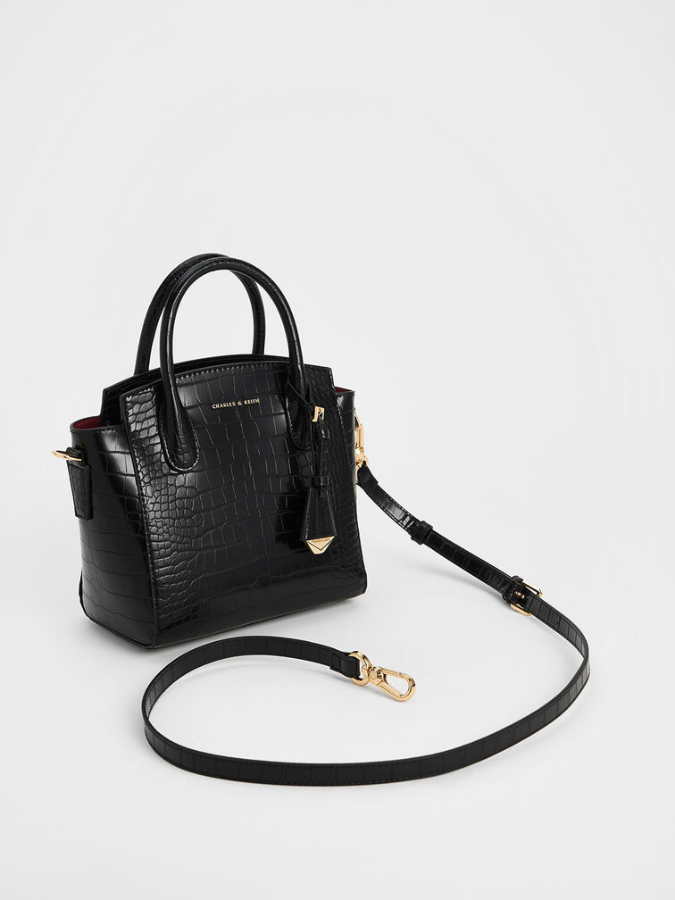 Harper Croc-Effect Structured Top Handle Bag, Black, hi-res