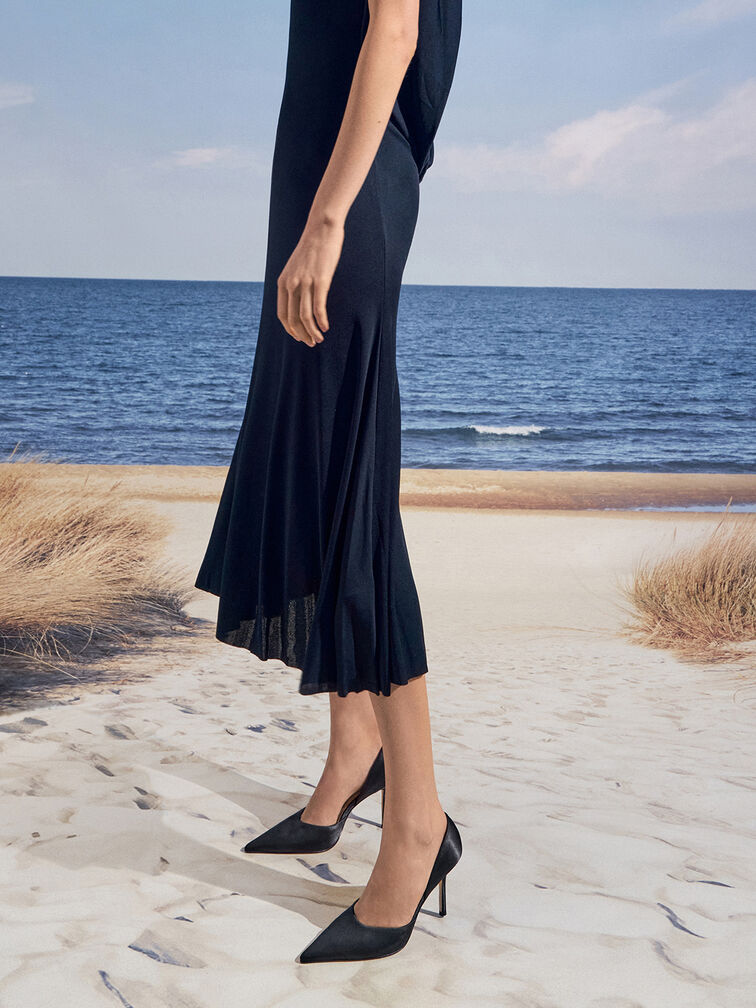 Satin Pointed-Toe D'Orsay Pumps, Black Textured, hi-res